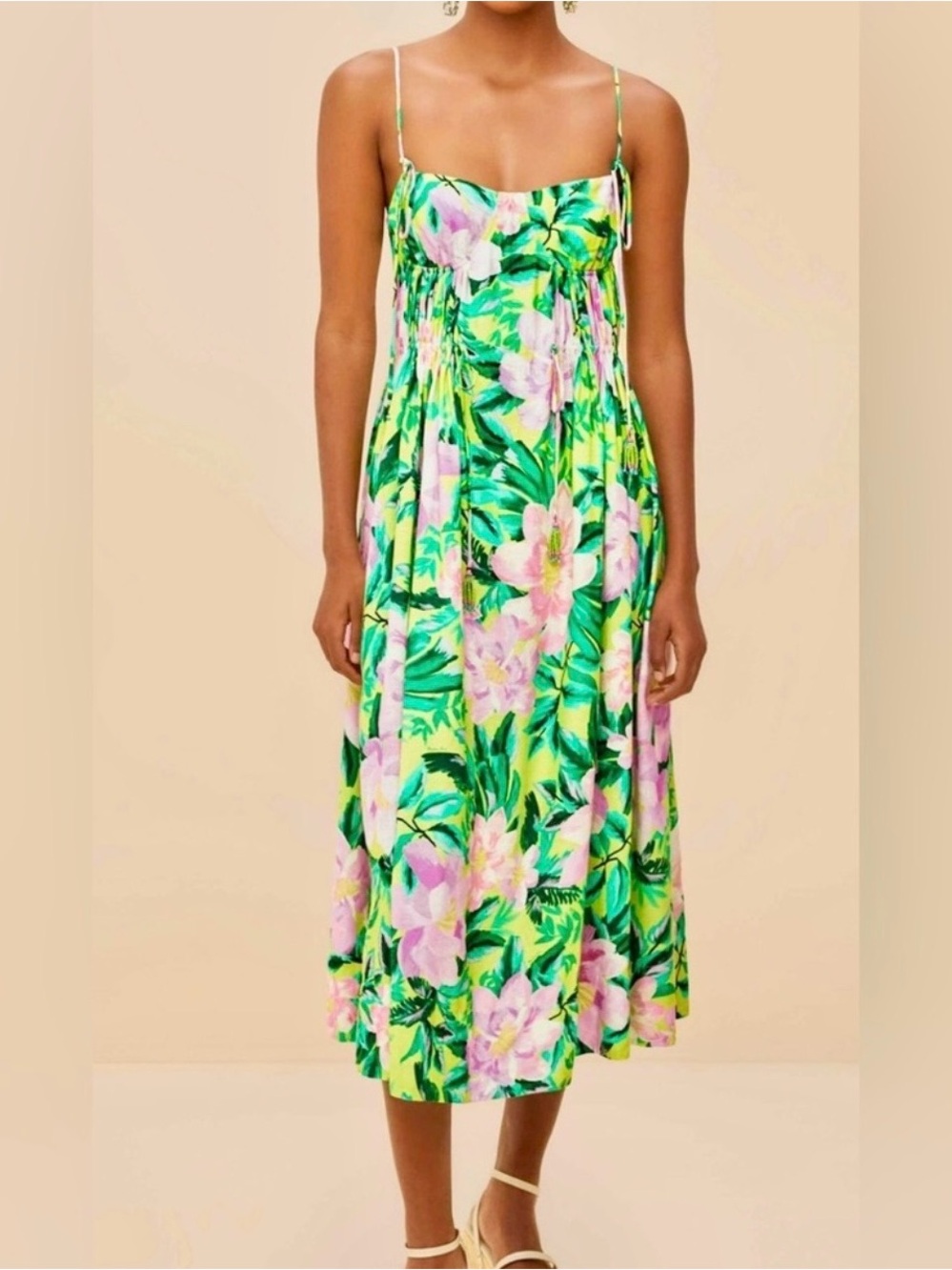 FARM Rio Neon Green Floral Midi Dress with Pink Blossoms